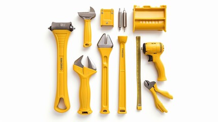 A collection of yellow modern tools neatly arranged on a white background, showcasing a variety of equipment essential for construction, repair, and maintenance tasks.