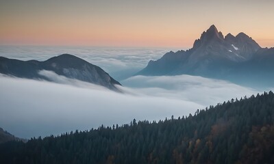 Wall Mural - mountain range enveloped in fog, with peaks just visible through the mist.