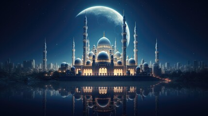 Poster - a large building with a moon in the background, Design showing the intricate architecture of mosque in moonlight