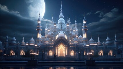 Poster - a large building with a moon in the background, Design showing the intricate architecture of mosque in moonlight