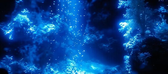 A blue light is shining on a dark underwater scene.