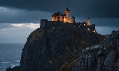 A dark, imposing castle perched on a rocky cliff, with stormy skies, jagged rocks below, and eerie lights emanating from the castle windows.