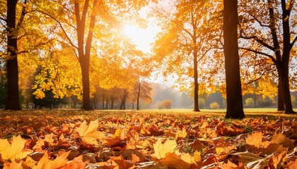 Sticker - sunny autumn day with beautiful orange fall foliage in the park ground covered in dry fallen leaves lit by bright sunlight autumn landscape with maple trees and sun natural background