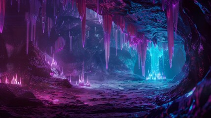 Poster - A cave with purple and blue stalactites and stalagmites