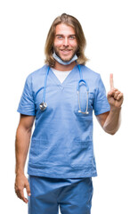 Canvas Print - Young handsome doctor man with long hair over isolated background showing and pointing up with finger number one while smiling confident and happy.