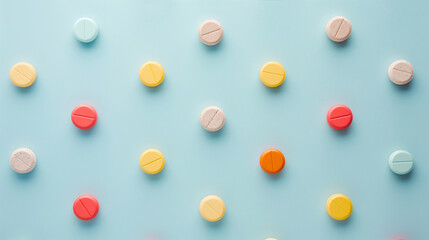 Colorful vitamins pills against light blue backdrop, medical prescription and treatment concept