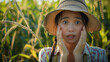 © Humans - Asian female farmer with a surprised look on face, copy space
