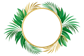 A golden circular frame decorated with various green leaves is centered