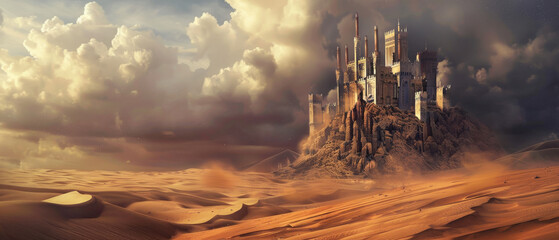 A majestic, medieval castle stands tall on a rocky hilltop, surrounded by sprawling, sunlit desert sands under scattered clouds.