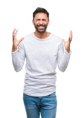 Wall Mural - Adult hispanic man over isolated background crazy and mad shouting and yelling with aggressive expression and arms raised. Frustration concept.