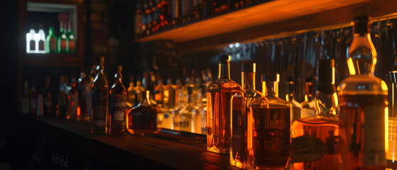 Aufkleber - A dark, ambient bar scene showcasing a stunning array of various liquor bottles illuminated by warm, golden lighting, creating a cozy and inviting atmosphere.