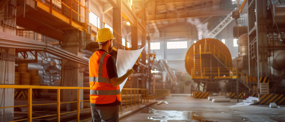 An industrial worker inspects blueprints inside a vast factory filled with machinery, embodying diligence and modern engineering.