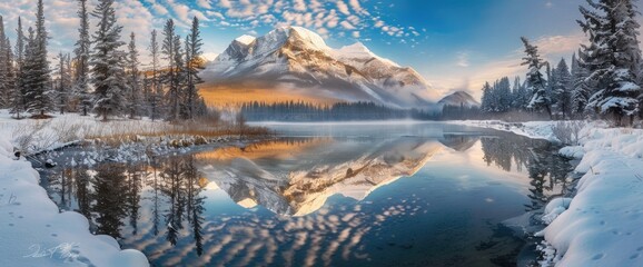 Poster - Mountain Reflection on a Frozen Lake in Winter