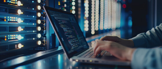 Wall Mural - close-up of a person's hands typing code on a laptop, surrounded by glowing servers in a data center