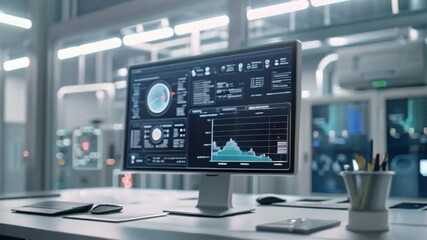 Wall Mural - A modern computer workstation with a large monitor displaying data analysis charts and graphs. The desk is clean and minimalist, set in a futuristic technology lab environment.