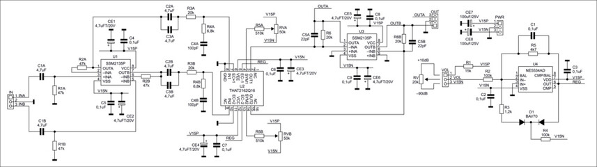Schematic diagram of electronic device on sheet of paper. Vector drawing electrical circuit with logic gate of integrated circuit, resistor, capacitor, diode, microcontroller,  other components.