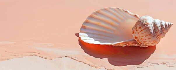 Wall Mural - A shell is laying on a pink surface. Free copy space for banner.