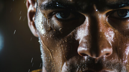 Wall Mural - Close-up of a determined athlete's face, drenched in sweat, showcasing grit and focus under intense lighting.