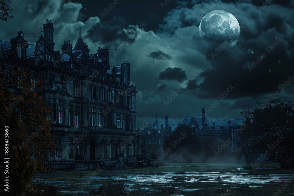 Majestic old mansion shrouded in mystery under a full moon, surrounded ...