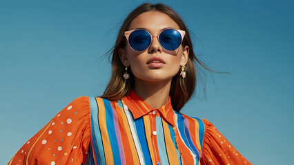 A fashion model wearing colorful summer dress and sunglasses, posing against an isolated blue background with space for text or product placement