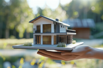 A hand holds a miniature model of a modern house against a blurred nature background, showcasing architectural design and innovative real estate concept.