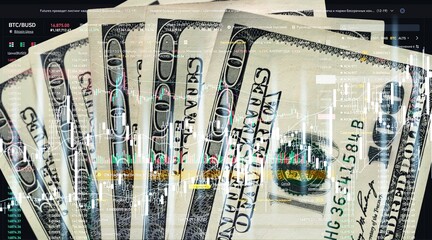 Sticker - US dollar money banknotes with financial chart.