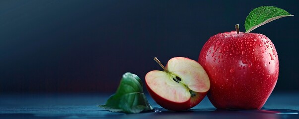 Wall Mural - Crisp red apple with a leaf and a sliced section