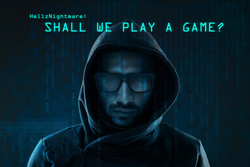 Wall Mural - hologram, crime and dangerous hacker in hoodie on dark or black background with code, fraud and viru