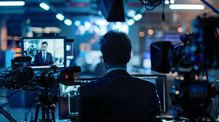 Wall Mural - Documentary Photo of AI Journalism, in a Newsroom Setting, with Harsh Newsroom Lighting, from a Candid Angle, Depicting the Role of AI in Modern Journalism