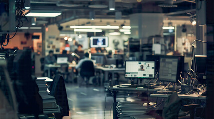 Wall Mural - Documentary Photo of AI Journalism, in a Newsroom Setting, with Harsh Newsroom Lighting, from a Candid Angle, Depicting the Role of AI in Modern Journalism