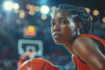 Wall Mural - Woman basketball player on court during game wearing red uniform.