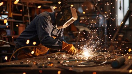 Poster - A man in a blue shirt and black gloves is working on a piece of metal. Concept of hard work and dedication, as the man is focused on his task