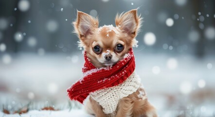 Wall Mural - Small Brown Chihuahua Dog Wearing Red Scarf in Winter Snow