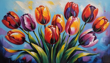 Wall Mural - Bouquet of colorful tulip flowers painting for canvas print.