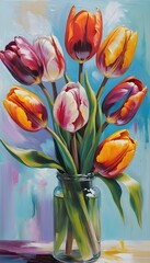 Wall Mural - Bouquet of colorful tulip flowers painting for canvas print.