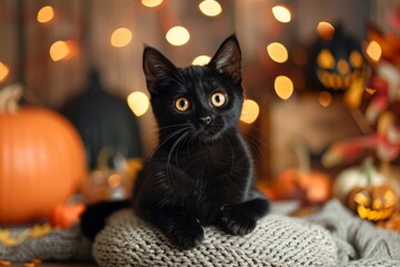 Wall Mural - Black cat with yellow eyes in front of Halloween pumpkins and decorations.