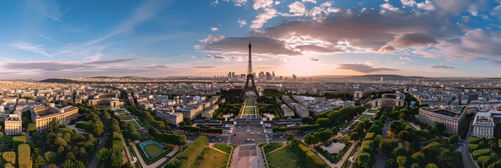 Poster - Aerial panoramic scenic view of Paris with the Eiffel tower, France and Europe city travel panorama