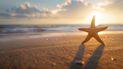 Wall Mural - Starfish on sandy beach at sunset with waves in background