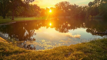 Wall Mural - Sunset over calm lake in peaceful park with reflections of trees and sky water