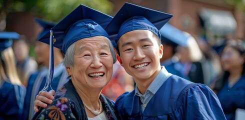 Wall Mural - Two Happy Graduates Hugging at a Sunny Graduation Ceremony