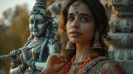 Woman with Lord Krishna statue portrait.