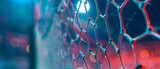 Shot of handball goal net with blurred bokeh lights in the background, illuminated in vibrant blue and red hue. Sports betting banner
