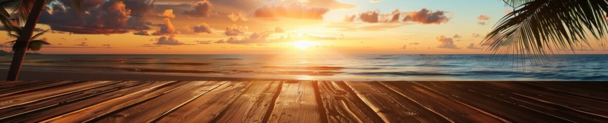 Wall Mural - A wooden table is on the beach with palm trees in the background. Free copy space for banner.