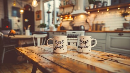 Two mugs on rustic wooden table in cozy kitchen