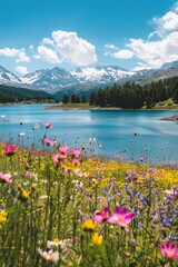 Poster - Mountain Lake Surrounded by a Meadow of Wildflowers