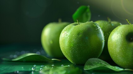 Wall Mural - Green apples showing their leafy stems