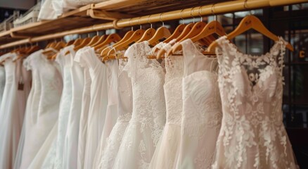 Wall Mural - White Wedding Dresses Hanging On Wooden Hangers In A Retail Store