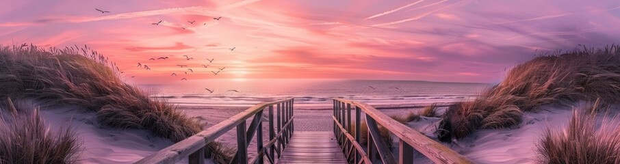 Poster - Peaceful Sunset Over the Beach with a Wooden Bridge