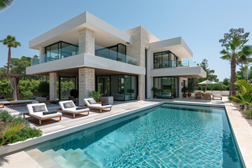 Wall Mural - exterior of a luxury modern mediterranean house, pool and garden, beige stone walls, minimalism