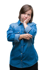 Sticker - Young adult woman with down syndrome over isolated background thinking looking tired and bored with depression problems with crossed arms.